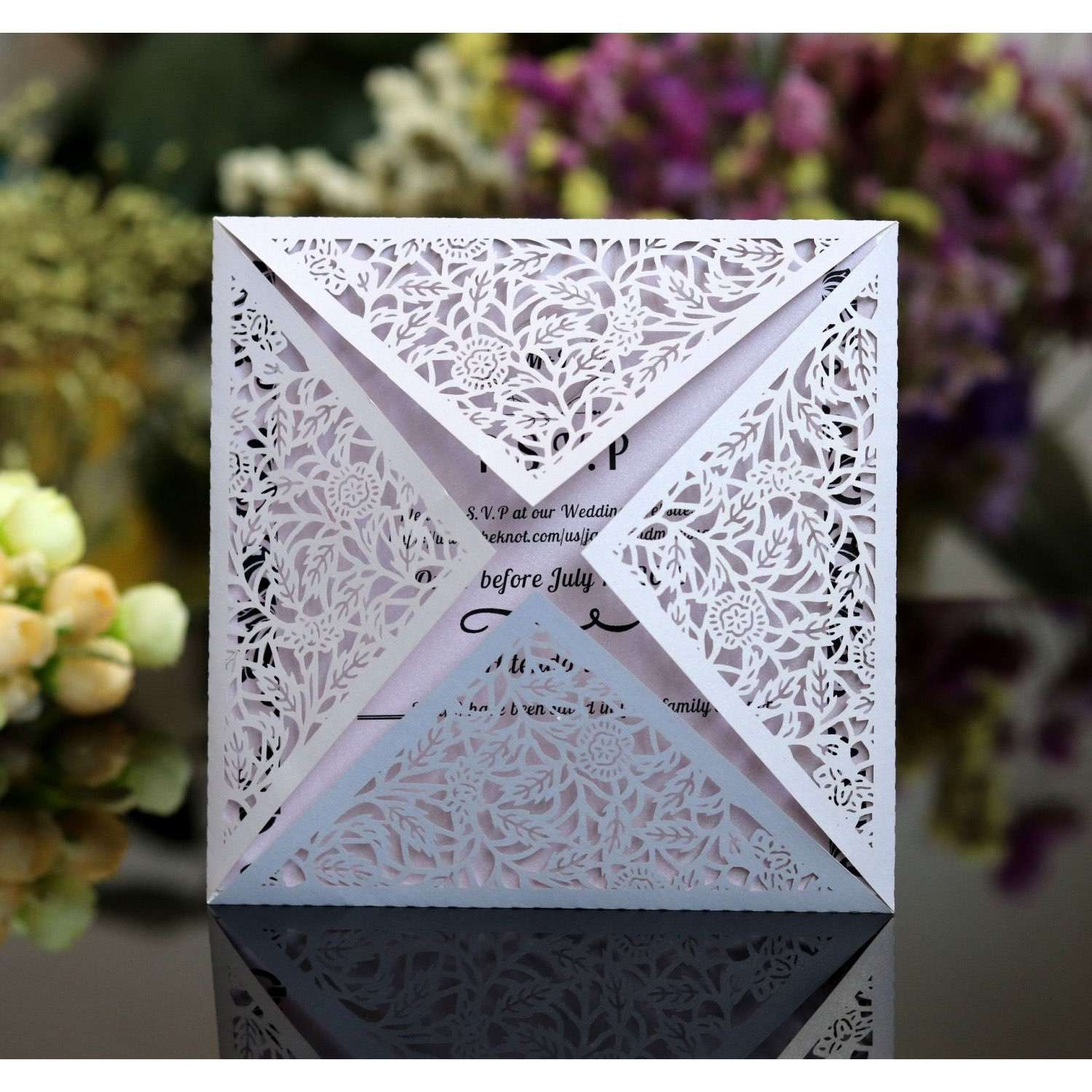 Laser Cut Paper Wedding  Invitation Square Flower Invitation Holiday Greeting Card Wholesale